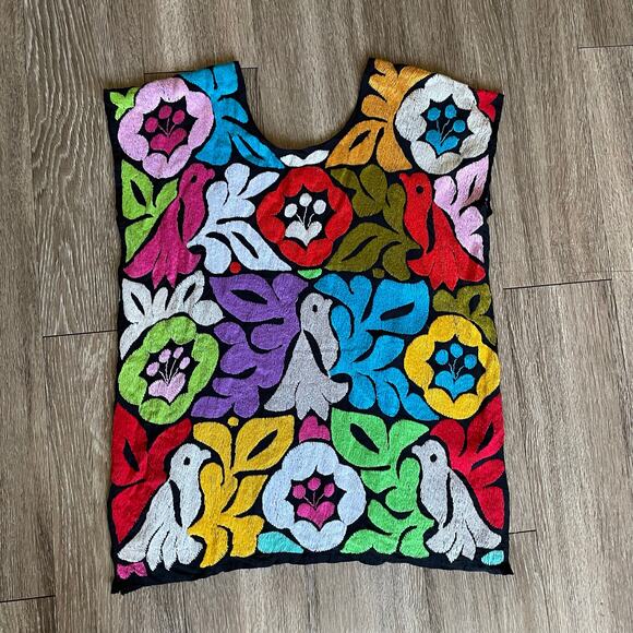 Mexican Colorful Black Hand Embroidered Jalapa Blouse Oaxacan Floral Hand Small - Picture 10 of 15